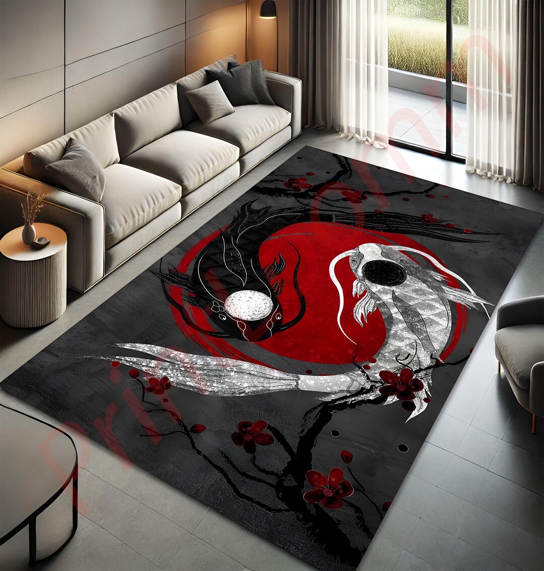 Red Koi Rug Yin Yang Koi Fish Rug With Red Sun and Cherry Blossom, Asian Zen Carpet ...