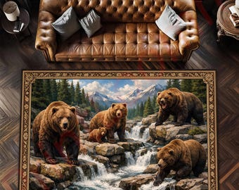Bear Family Wildlife Area Rug, Mountain Forest Nature Carpet, Rustic Cabin Lodge Decor, Woodland Animal Living Room Rug