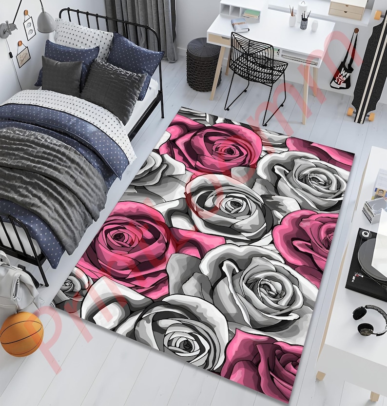 Rose Floral Area Rug, Pink and Grey Flower Carpet, Elegant Home Decor ...