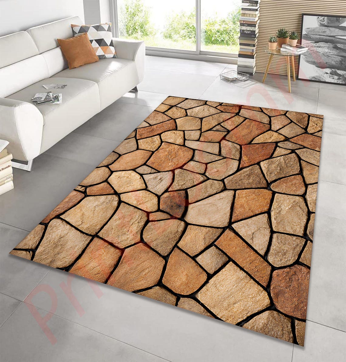 Stone Pattern Rug for Living Room, Rustic Stone Floor Look Carpet ...