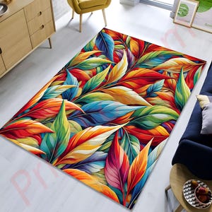 Colorful Leaf Pattern Rug, Vibrant Tropical Area Rug for Living Room, Non-Slip Washable Carpet, Modern Home Decor, Large Floor Rug Gift image 3