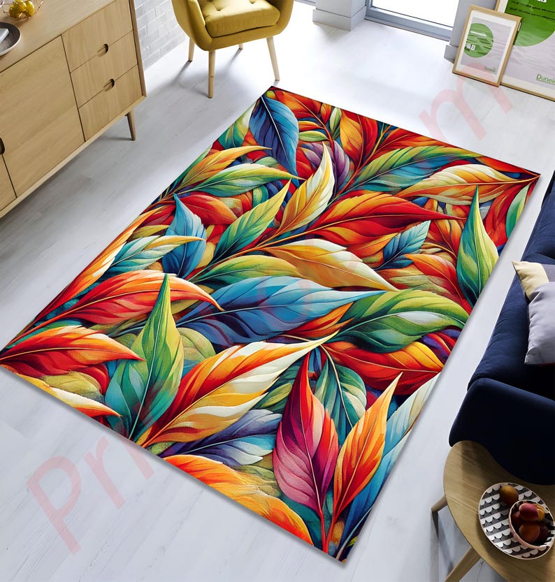 Colorful Leaf Pattern Rug, Vibrant Tropical Area Rug for Living Room, Non-Slip Washable Carpet, Modern Home Decor, Large Floor Rug Gift image 3