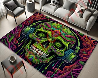 Skull Area Rug, Skull Carpet, Headphone Skull Floor Rug, Psychedelic Home Decor, Gaming Room