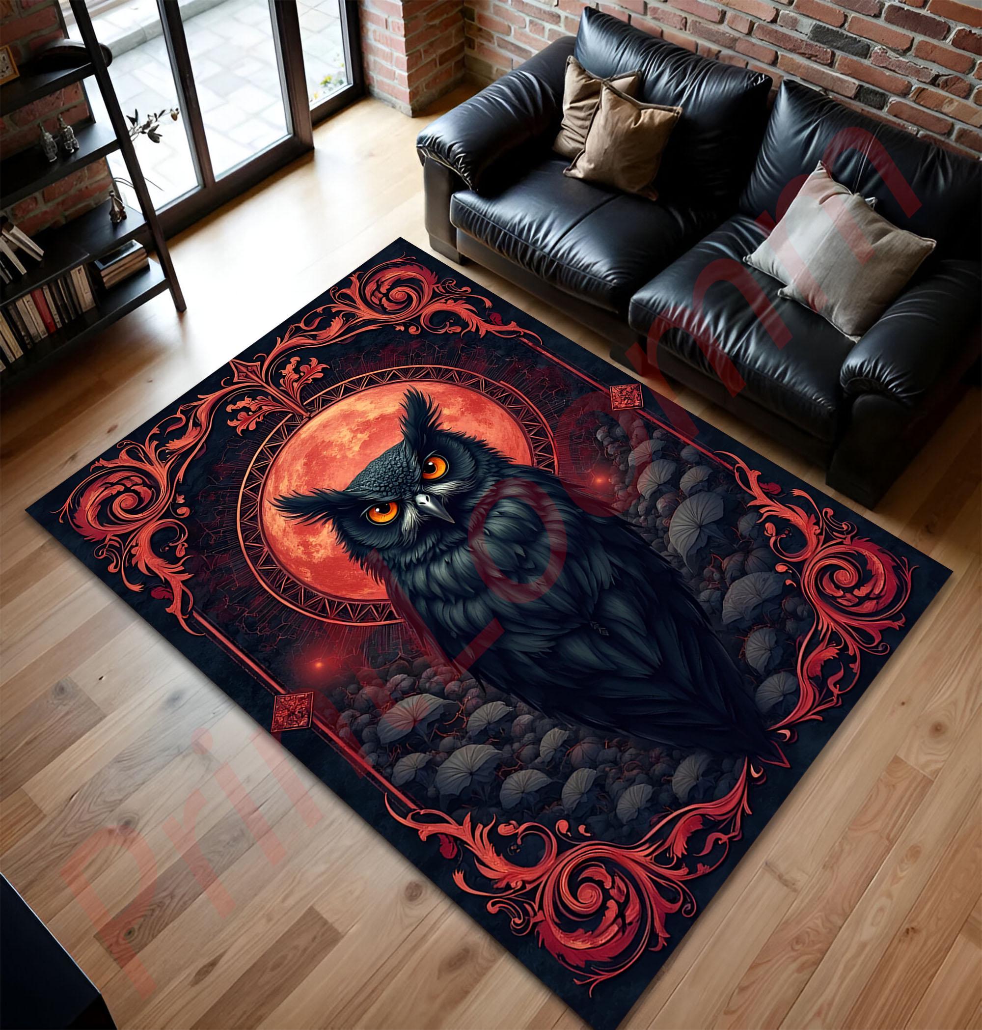 Gothic Owl Rug, Dark Fantasy Area Carpet, Red Moon Night Decor, Mystical Living Room Mat, Dramatic A