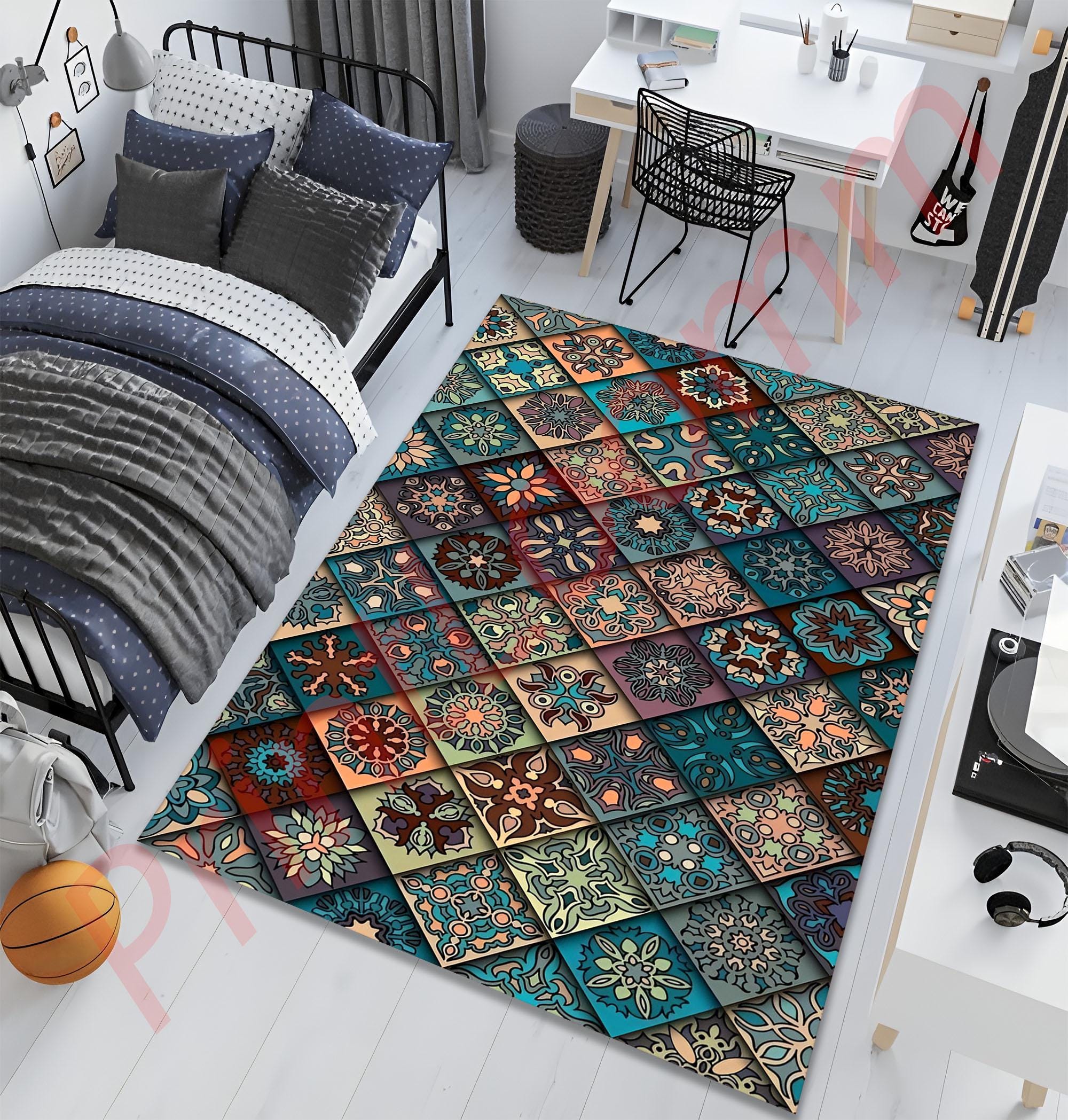 Boho Tile Pattern Area Rug, Colorful Geometric Carpet for Living Room ...