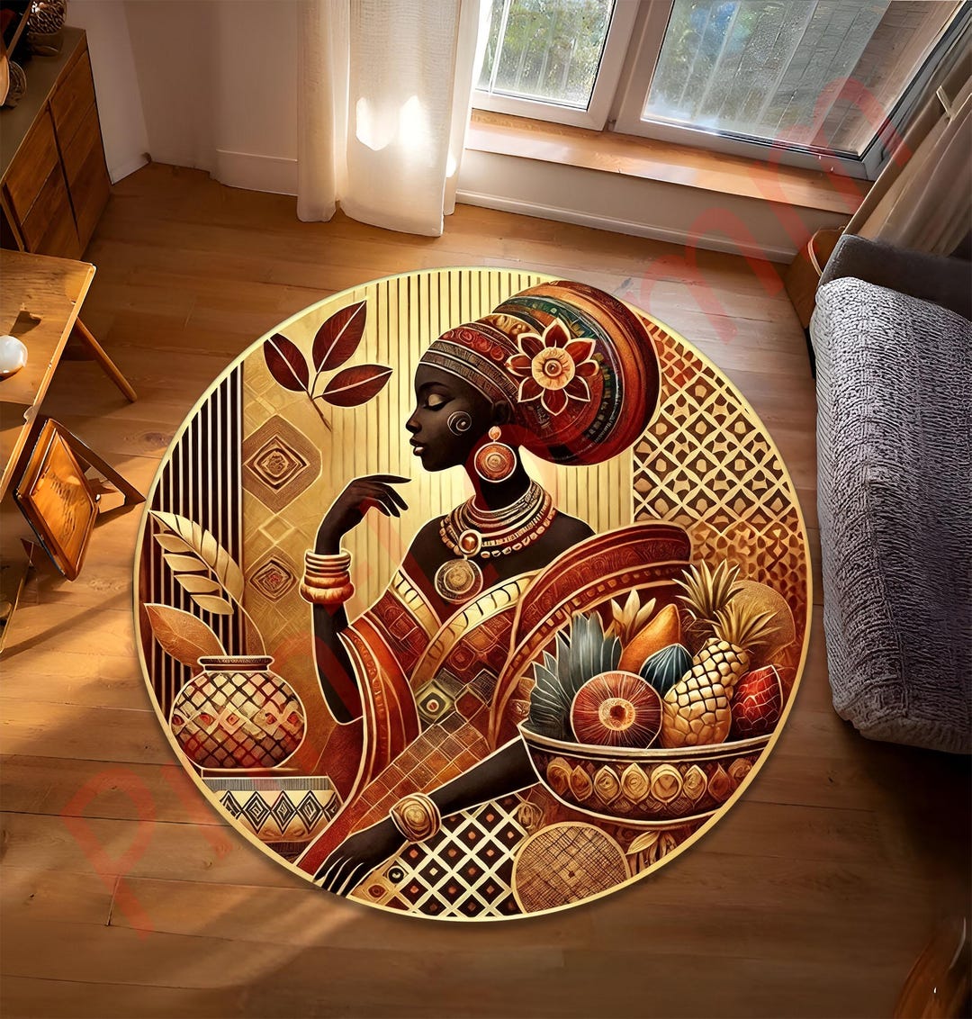 Rasist Rug African Woman Round Rug, Ethnic Art Floor Carpet With Tribal Style ...