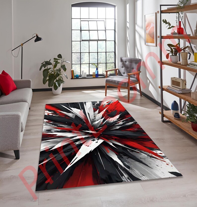 Modern Red Black White Rug, Abstract Art Area Rug for Living Room, Non ...