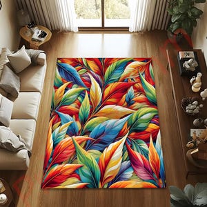 Colorful Leaf Pattern Rug, Vibrant Tropical Area Rug for Living Room, Non-Slip Washable Carpet, Modern Home Decor, Large Floor Rug Gift image 2