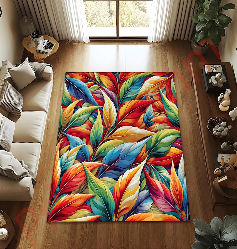 Colorful Leaf Pattern Rug, Vibrant Tropical Area Rug for Living Room, Non-Slip Washable Carpet, Modern Home Decor, Large Floor Rug Gift image 2