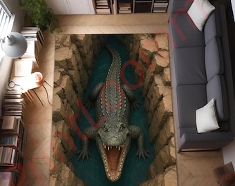 Tapis 3D en crocodile, tapis de sol en alligator réaliste, tapis illusion 3D, tapis à imprimé animal, tapis de salon, décoration de sol unique