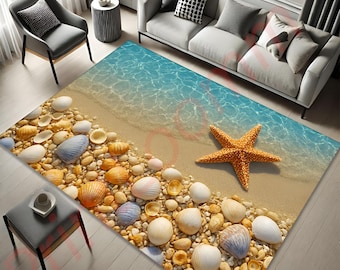 Beach Seashell Starfish Area Rug, Coastal Ocean Theme Carpet, Summer Beach House Decor, Nautical Living Room Rug, Sea Shore Floor Mat