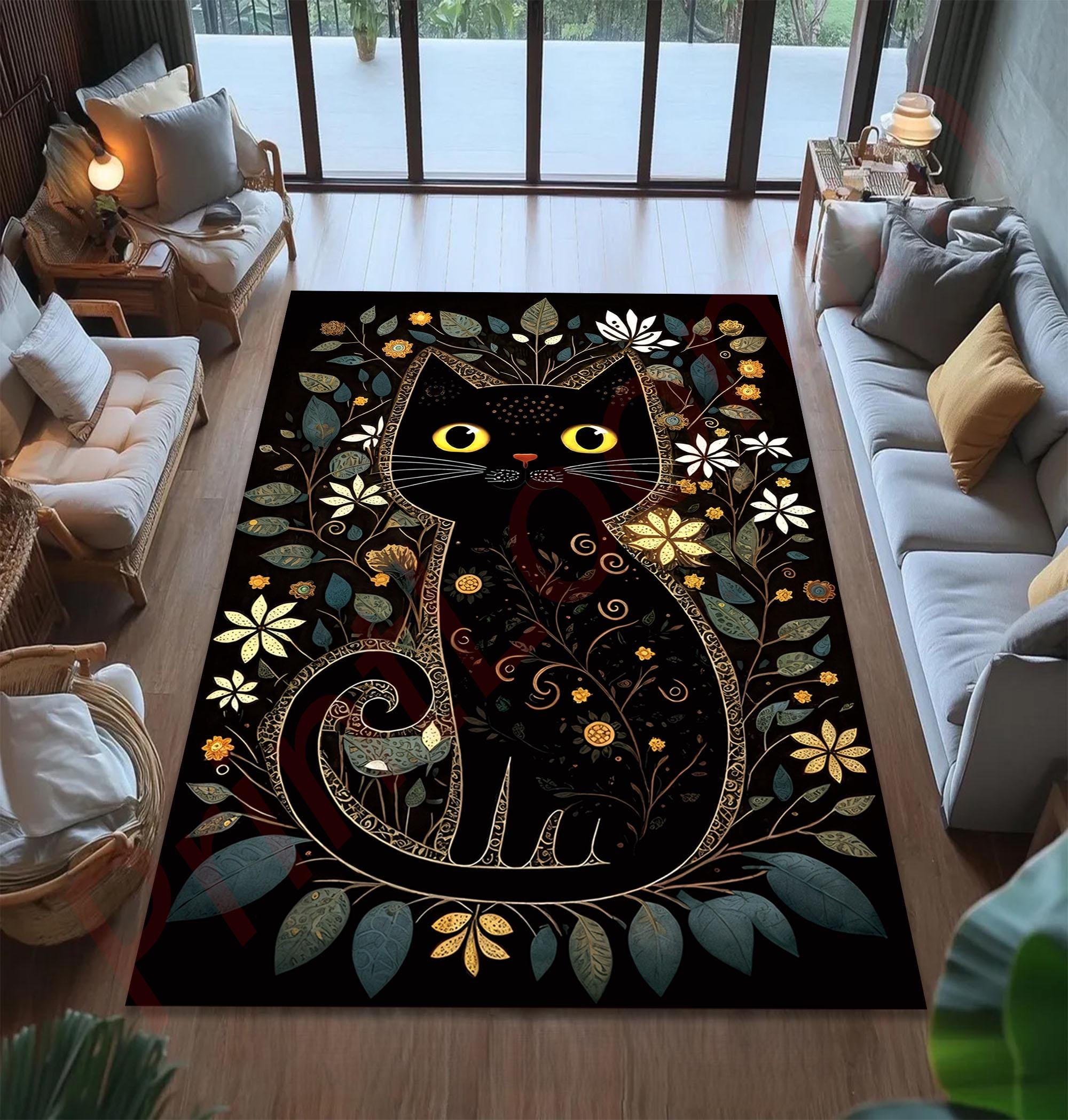Black Cat Floral Rug for Living Room, Cute Boho Cat Carpet, Whimsical ...