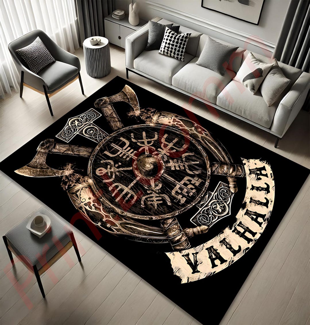 Norse Rug Viking Valhalla Rug, Nordic Shield and Axes Area Rug, Norse Mythology ...