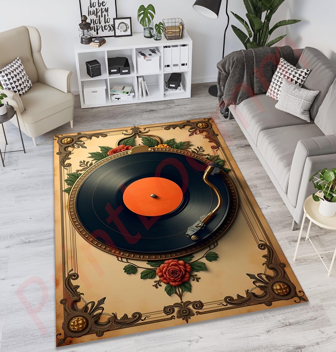 Vintage Record Player Rug for Music Lovers, Retro Vinyl Turntable ...