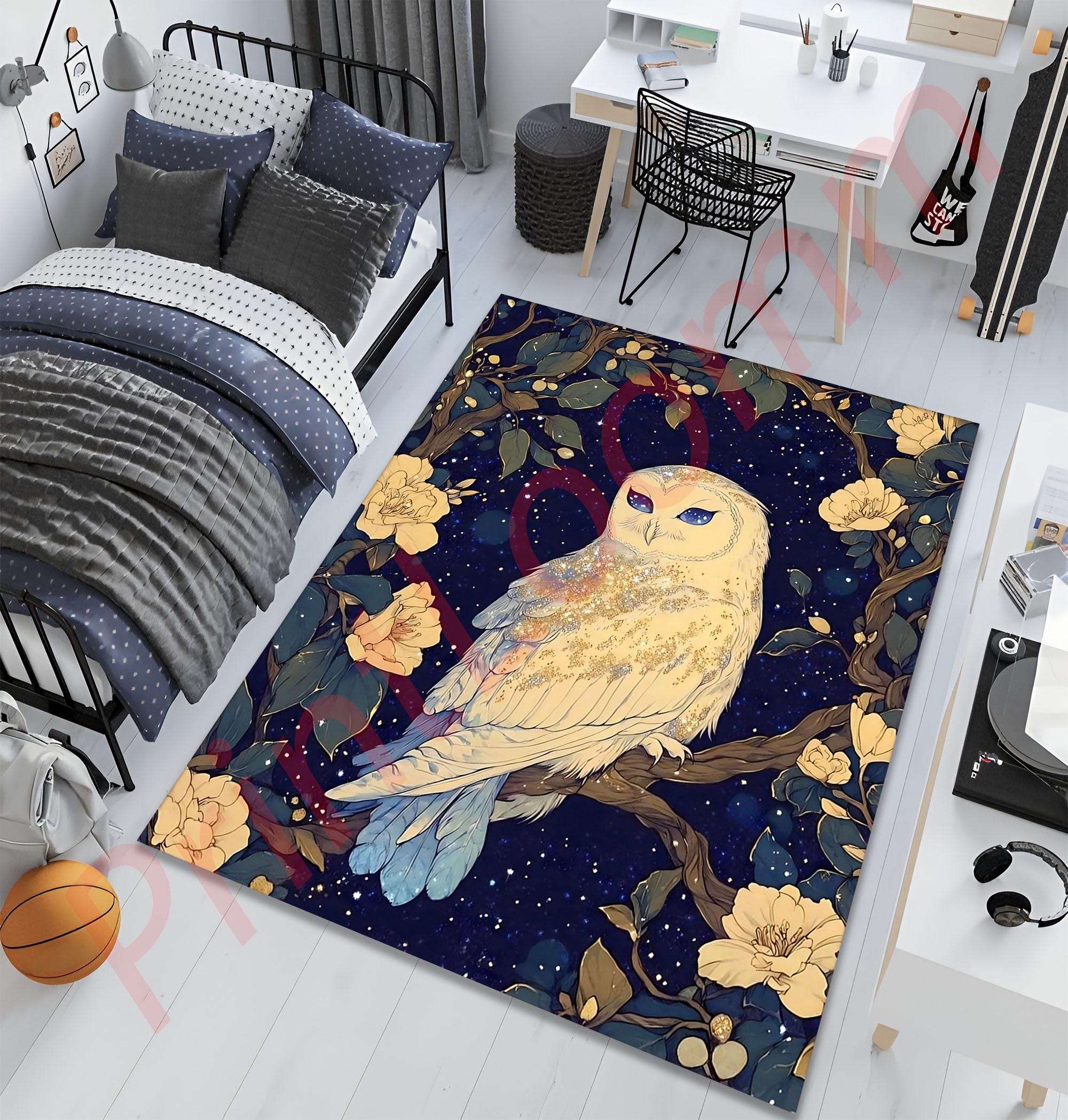 Owl Area Rug, Mystical Night Bird, Floral Accent Rug
