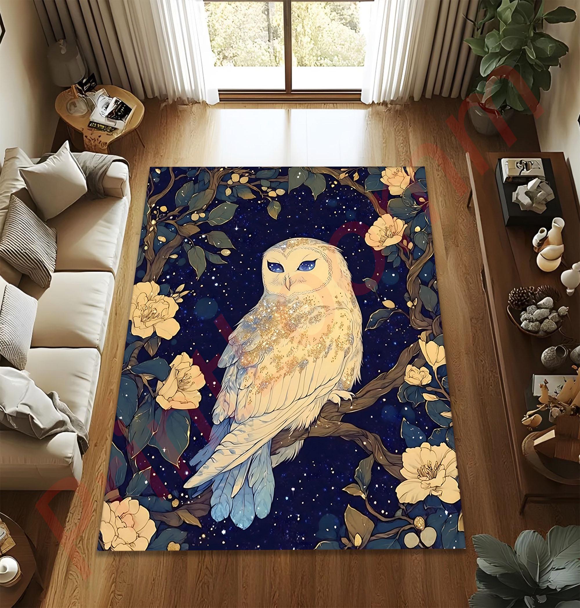 Owl Area Rug, Mystical Night Bird, Floral Accent Rug