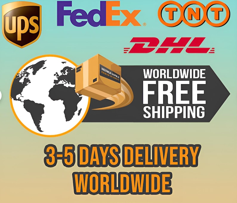May include: A graphic featuring the logos of UPS, FedEx, TNT, and DHL above a globe icon and a brown cardboard box. A black arrow points right with the text WORLDWIDE FREE SHIPPING. Below, the text 3-5 DAYS DELIVERY WORLDWIDE is displayed.