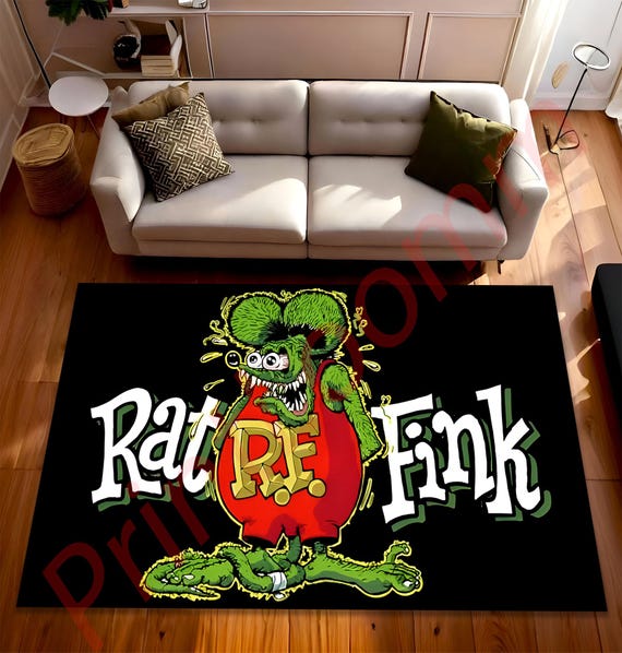 Rat Fink Rug With Retro Hot Rod Cartoon Style, Ed Roth Ratfink Art