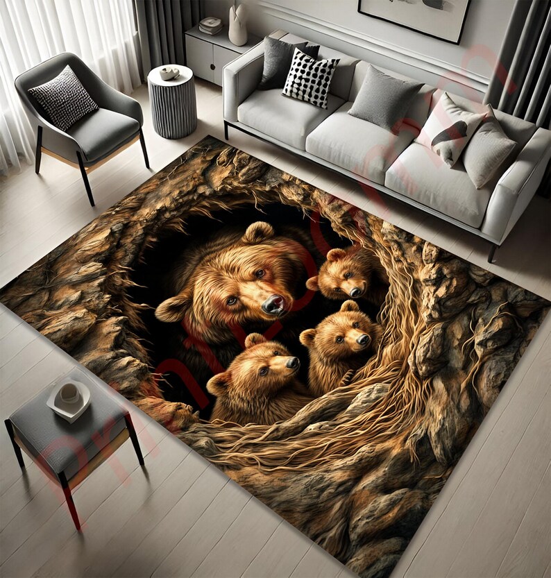 Bear Family Rug With Nature Cave Design, Cozy Woodland Animal Carpet ...