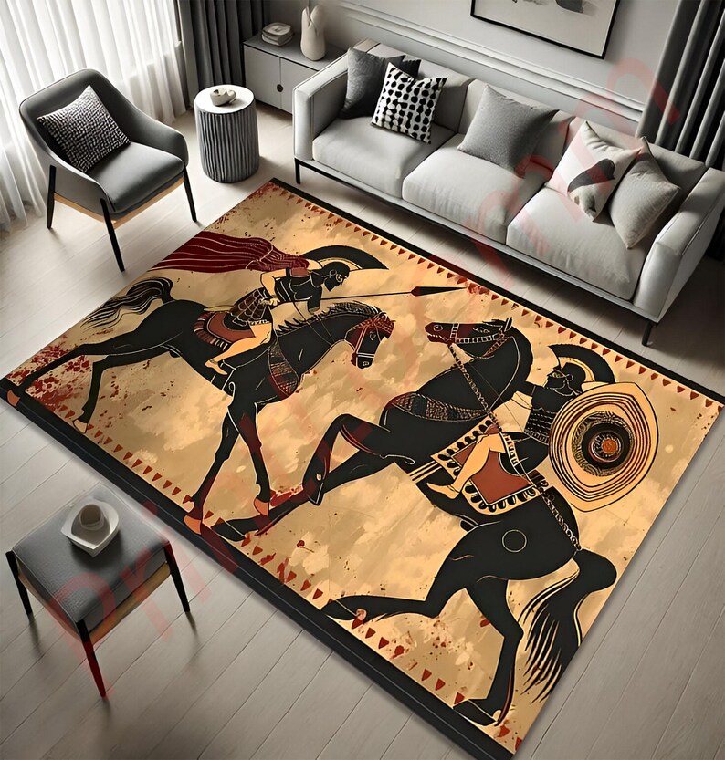 Ancient Greek Warrior Rug, Mythology Decor Carpet, Spartan Battle Scene ...
