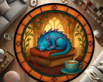 Tappeto rotondo con drago dormiente, tappeto con drago e libro fantasy, tappeto con vetrata artistica, decorazione per angolo lettura, accogliente tappetino da biblioteca, tappeto per amanti dei draghi