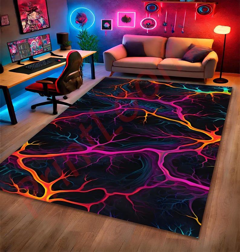 Neon Vein Pattern Gamer Rug, Colorful LED Style Carpet, Cool Gaming ...