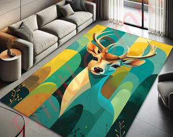 Vibrant Geometric Deer Art Rug, Colorful Modern Forest Design Carpet for Living Room, Bedroom, Home Decor, Nature-Inspired Stylish Floor Mat