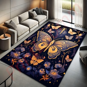 Golden Butterfly Area Rug, Floral Night Sky Carpet For Living Room Or Bedroom, Elegant Nature Decor, Gift For Her, Boho Butterfly Rug