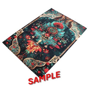 May include: A rectangular rug featuring a dark teal background with a vibrant, symmetrical floral pattern in shades of red, orange, and cream. The design includes intricate botanical motifs and ornate border details. The word SAMPLE is printed in red.
