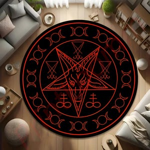 Dark Occult Pentagram Rug, Round Baphomet Goat Head Carpet With Satanic Symbols, Gothic Home Decor, Living Room Rug, Satanic Rug, Floor Rug