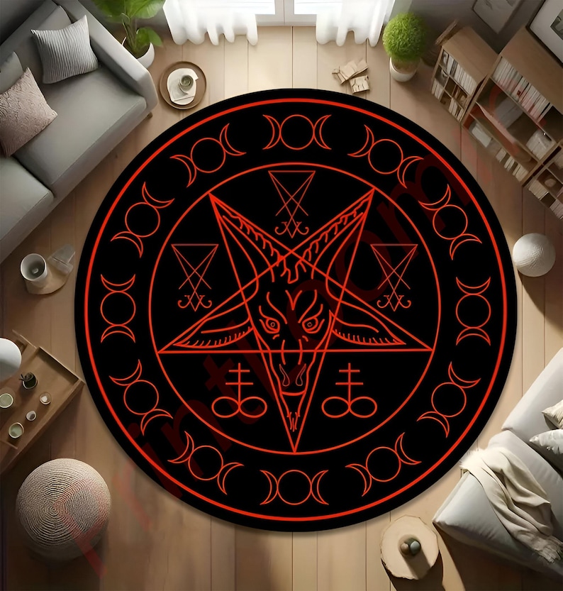 Pentagram Rug Design Dark Occult Pentagram Rug, Round Baphomet Goat Head Carpet With Satanic ...