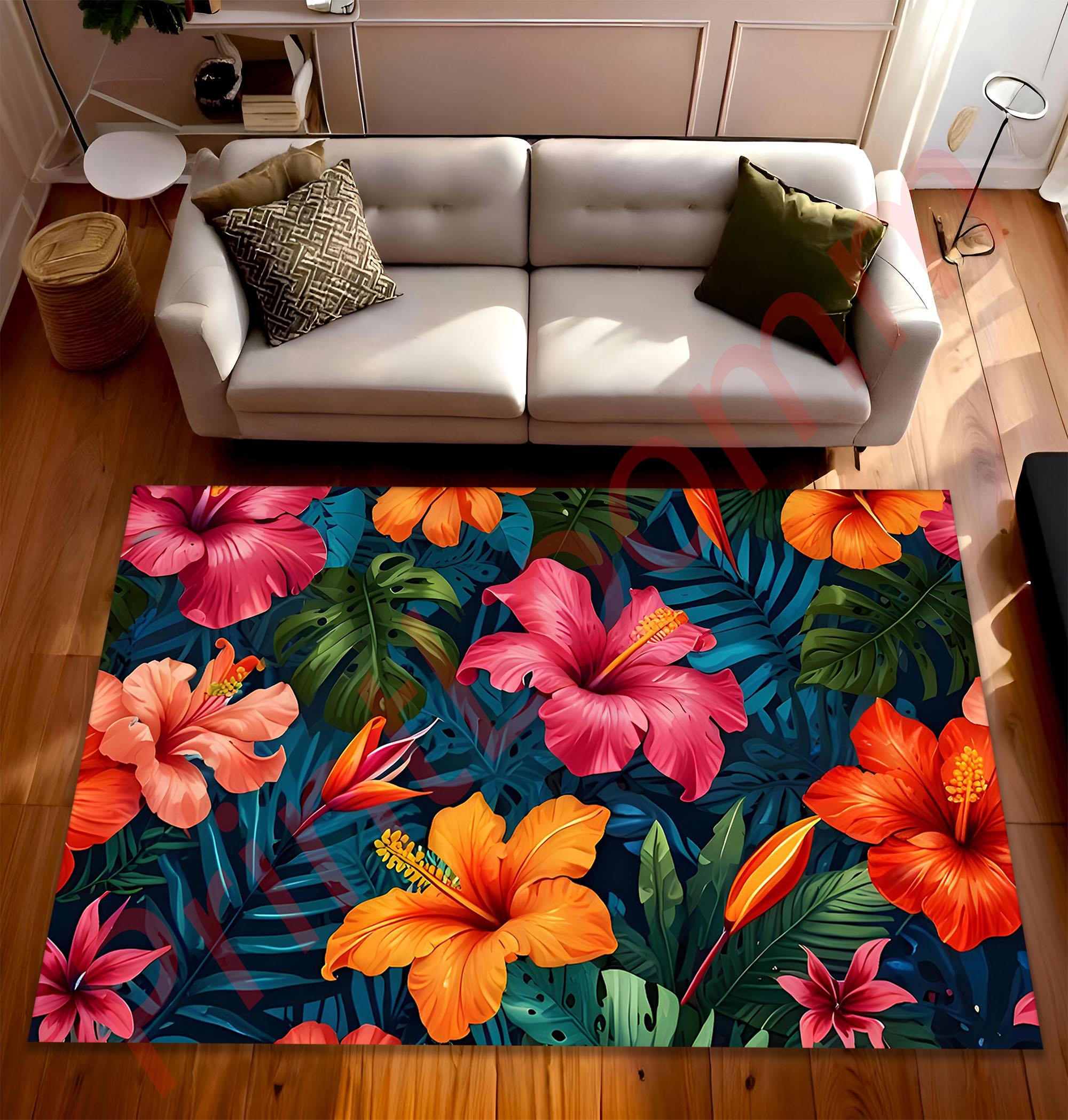 Hibiscus Rug Tropical Hibiscus Flower Rug, Colorful Botanical Area Carpet for Living ...