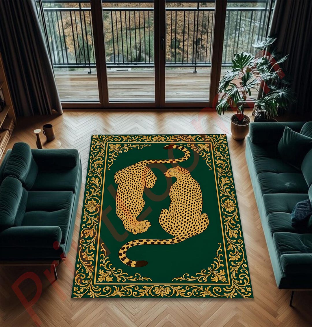 Green Leopard Print Area Rug, Elegant Jungle Animal Carpet, Modern ...
