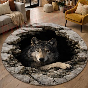 3D Wolf Hole Illusion Rug, Round Wildlife Area Rug, Wolf Den Carpet, Rustic Cabin Decor, Animal Lover Statement Floor Rug