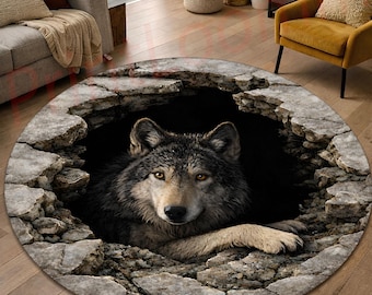 3D Wolf Hole Illusion Rug, Round Wildlife Area Rug, Wolf Den Carpet, Rustic Cabin Decor, Animal Lover Statement Floor Rug