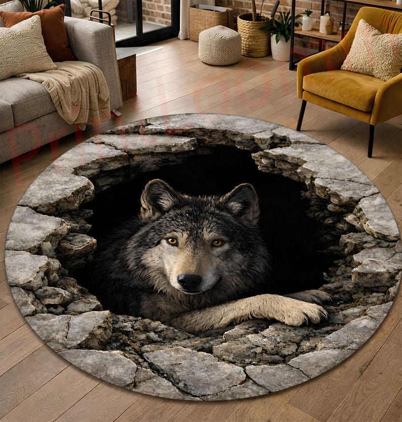 Wolf Rug Drawing 3D Wolf Hole Illusion Rug, Round Wildlife Area Rug, Wolf Den Carpet ...