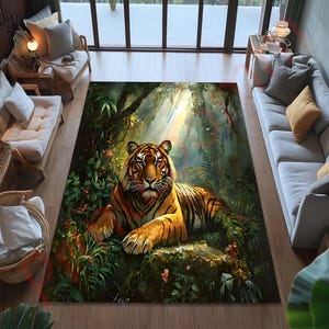 Tiger Jungle Area Rug, Realistic Wildlife Floor Art, Nature Themed Carpet For Living Room, Safari Decor, Big Cat Gift For Him Or Her