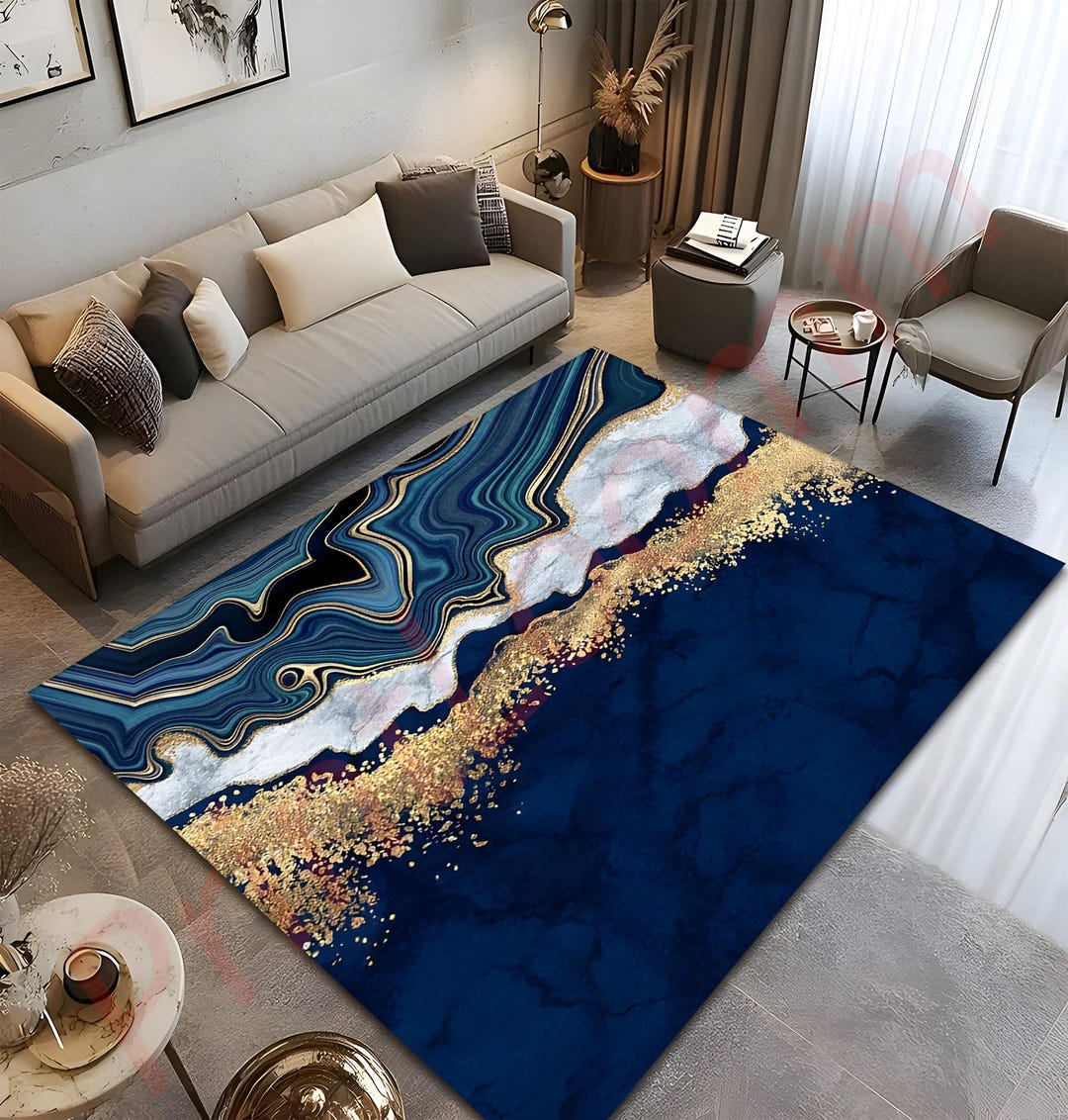 Abstract Area Rug, Blue Gold Marble Modern Living Room Decor - Etsy