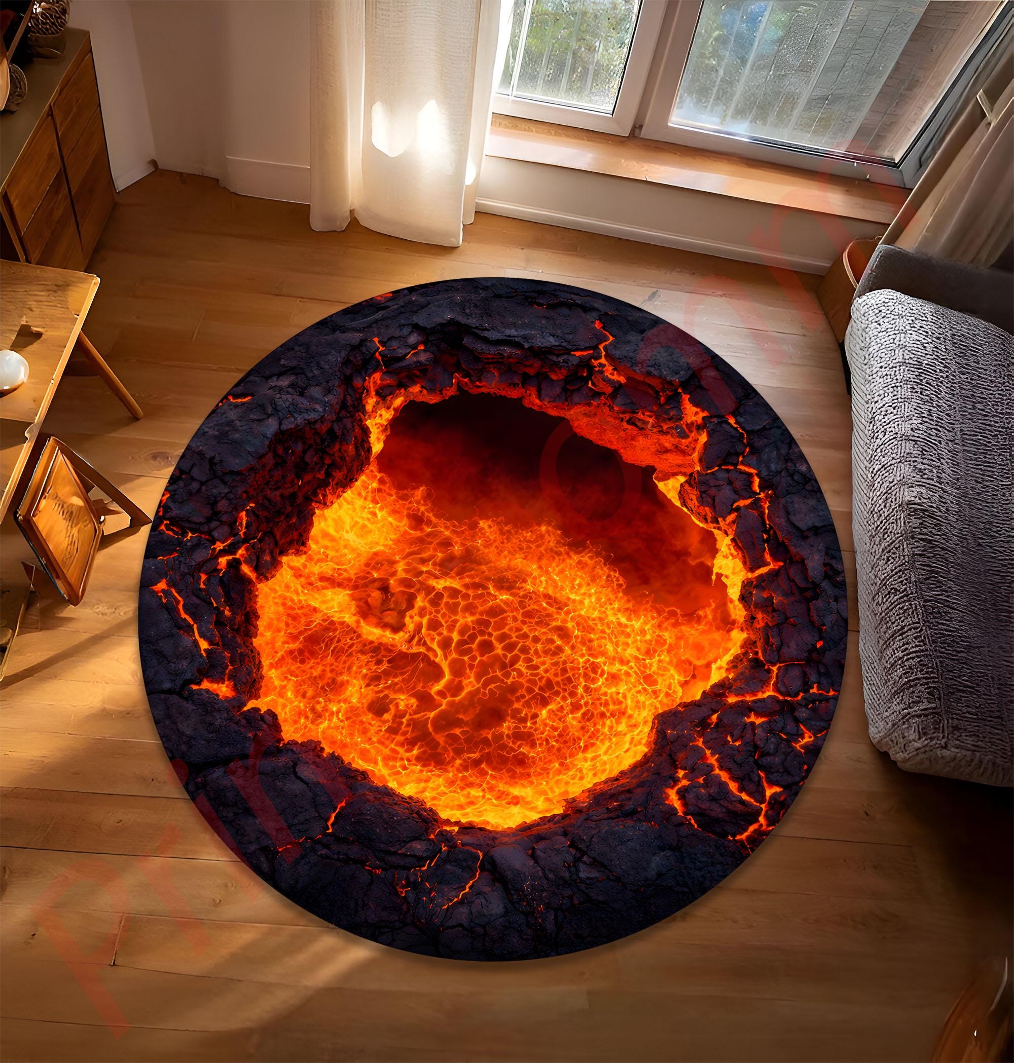 3D Lava Pit Round Rug, Volcano Crater Area Rug, Molten Magma Floor Mat ...