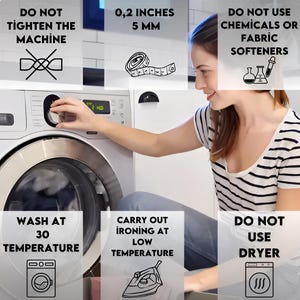 May include: A white washing machine with a digital display and a circular door. Text instructions include: Do not tighten the machine, 0.2 inches 5 mm, Do not use chemicals or fabric softeners, Wash at 30 temperature, Carry out ironing at low temperature, Do not use dryer.