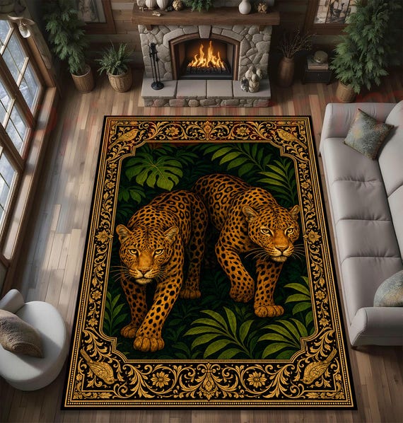 Leopard Jungle Rug With Tropical Animal Print, Exotic Wildlife Carpet For Living Room, Bold Decorative Area Rug, Safari Home Decor Gift