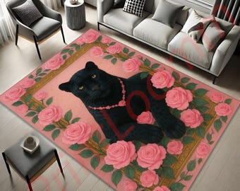 Black Panther Rug with Pink Roses, Gothic Romantic Animal Carpet, Bold Living Room or Bedroom Floor Mat, Unique Floral Art Home Decor Gift