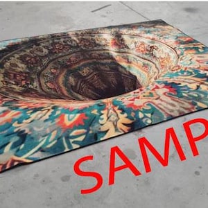 May include: A colorful rug with a 3D optical illusion of a hole in the center. The rug has a swirling pattern of blue, green, red, yellow, and brown. The word "SAMPLE" is printed in red letters on the bottom right corner of the image.