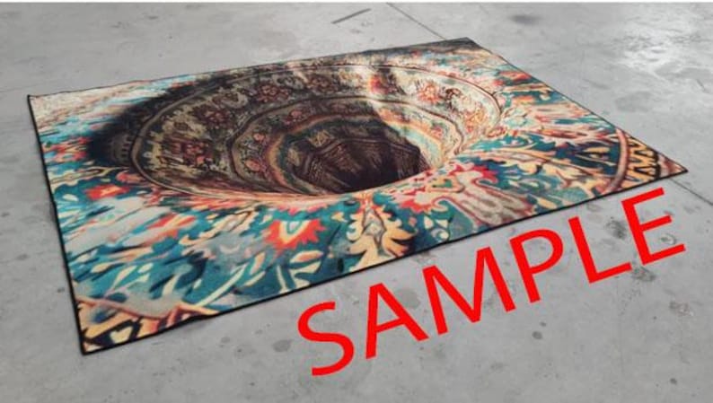 May include: A colorful rug with a 3D optical illusion of a hole in the center. The rug has a swirling pattern of blue, green, red, yellow, and brown. The word "SAMPLE" is printed in red letters on the bottom right corner of the image.