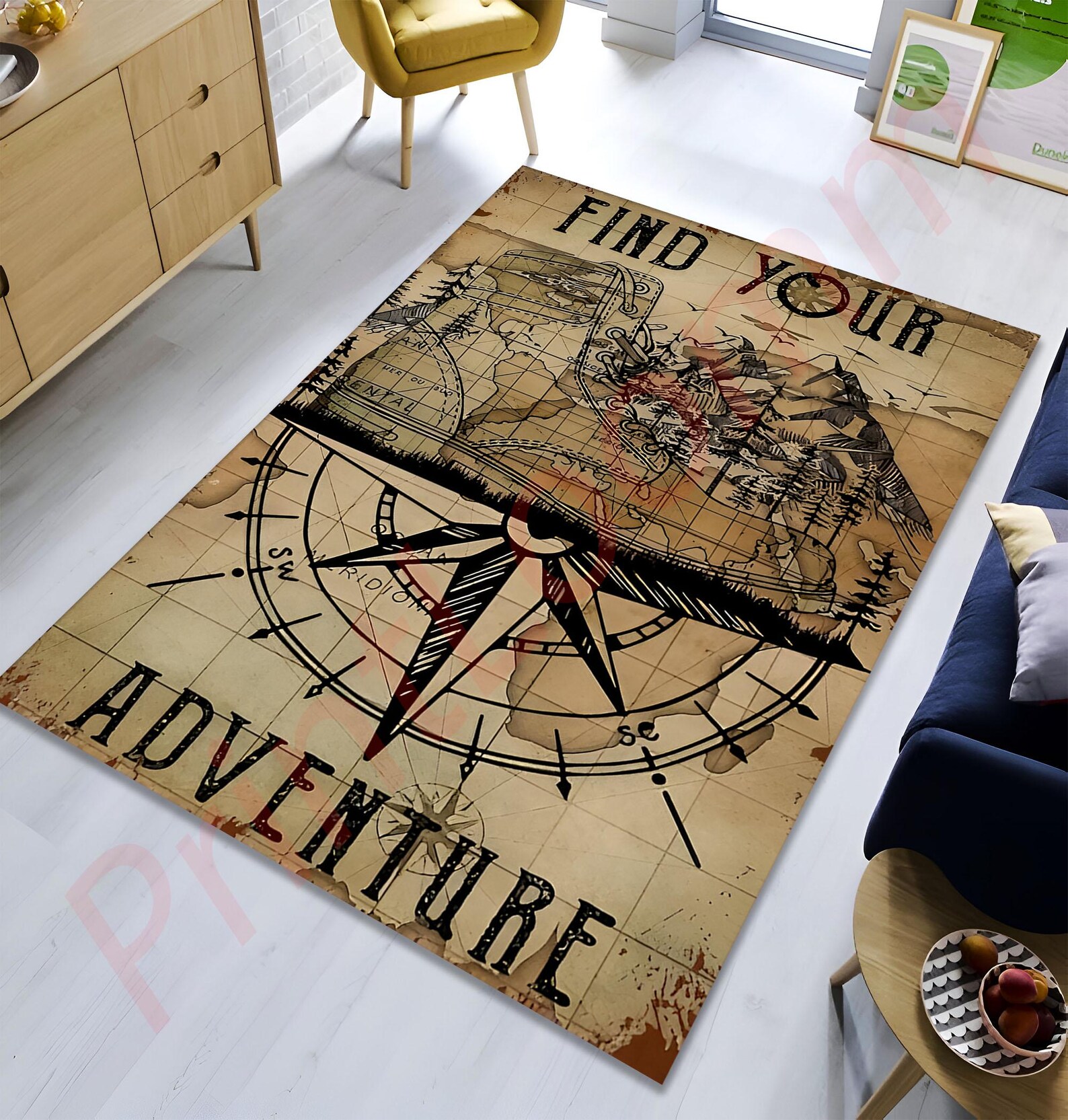 Adventure Map Rug, Vintage Compass Travel Decor Carpet, Explorer Themed ...