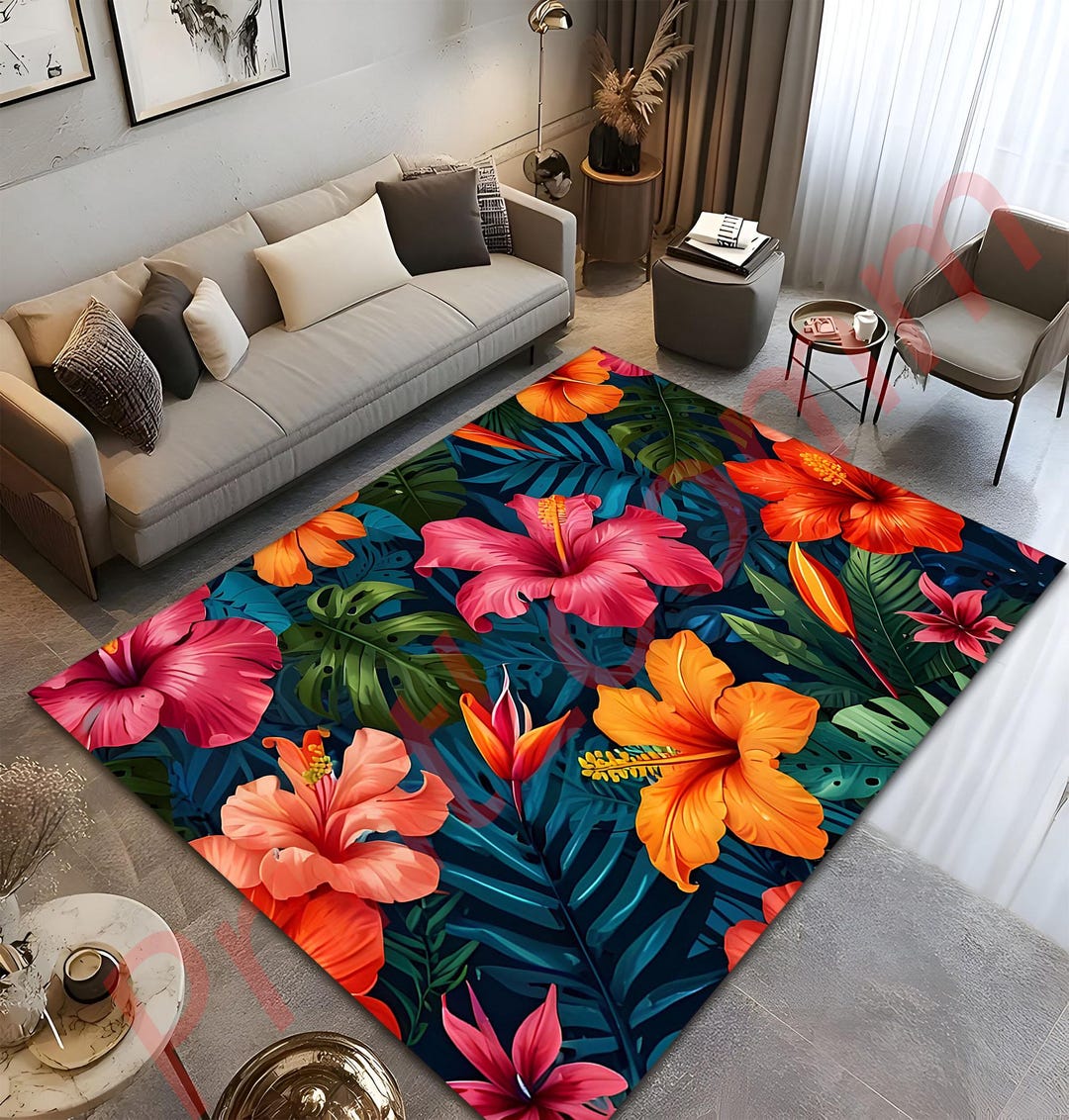 Hibiscus Rug Tropical Hibiscus Flower Rug, Colorful Botanical Area Carpet for Living ...