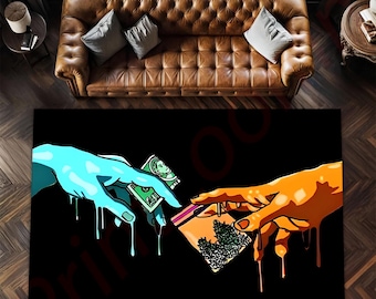 Pop Art Hands Rug With Abstract Transaction Design, Unique Street Style Rug, Bold Colorful Urban Wall Art Rug, Trendy Living Room Rug