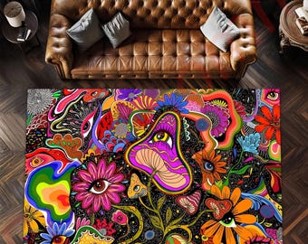 Psychedelic Art Rug With Colorful Abstract Floral Pattern, Trippy Boho Carpet For Living Room, Unique Eye Design Area Rug Gift, Modern Rug