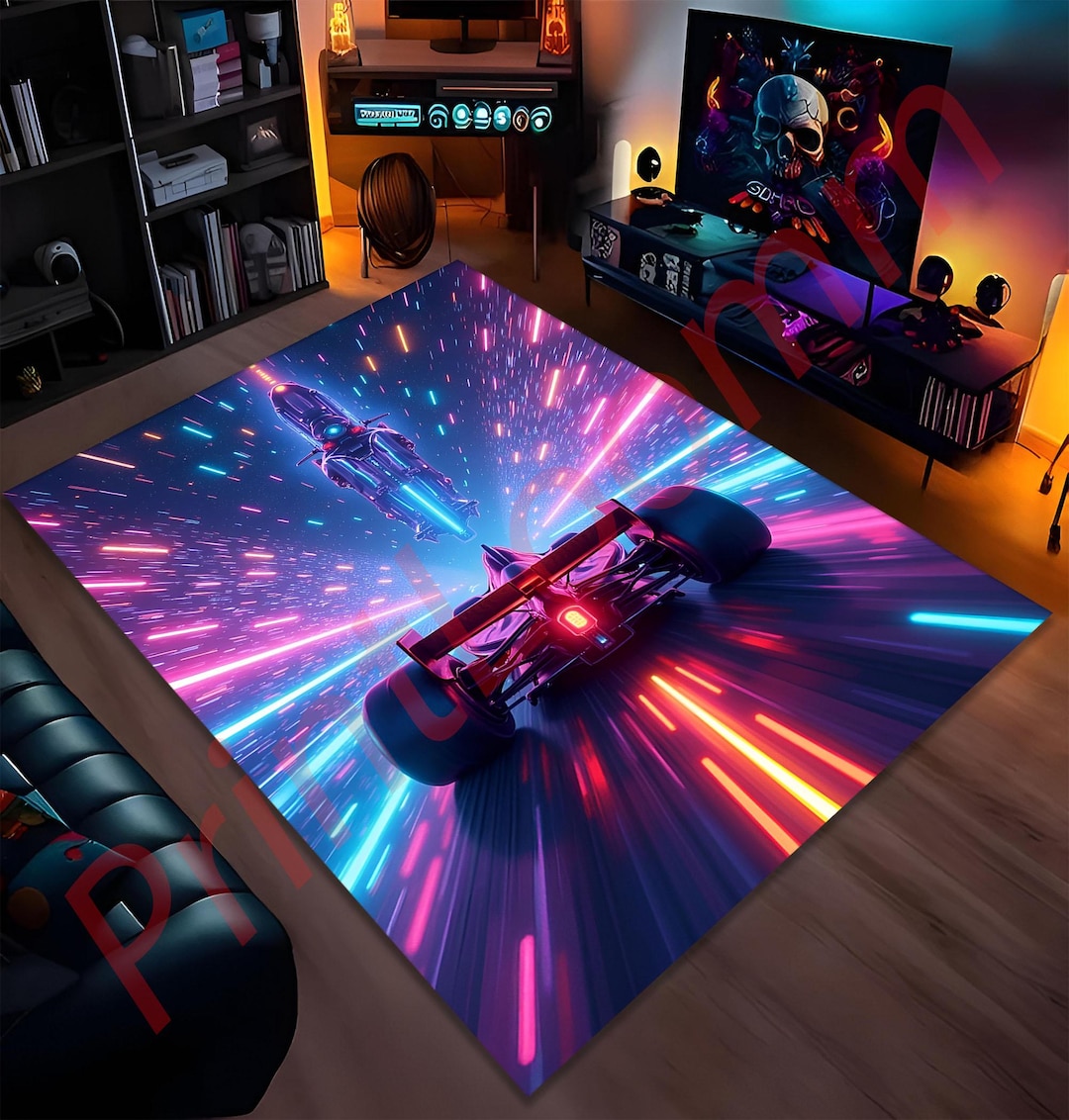 Neon Racing Car Area Rug, Futuristic Gamer Room Carpet, Colorful LED ...