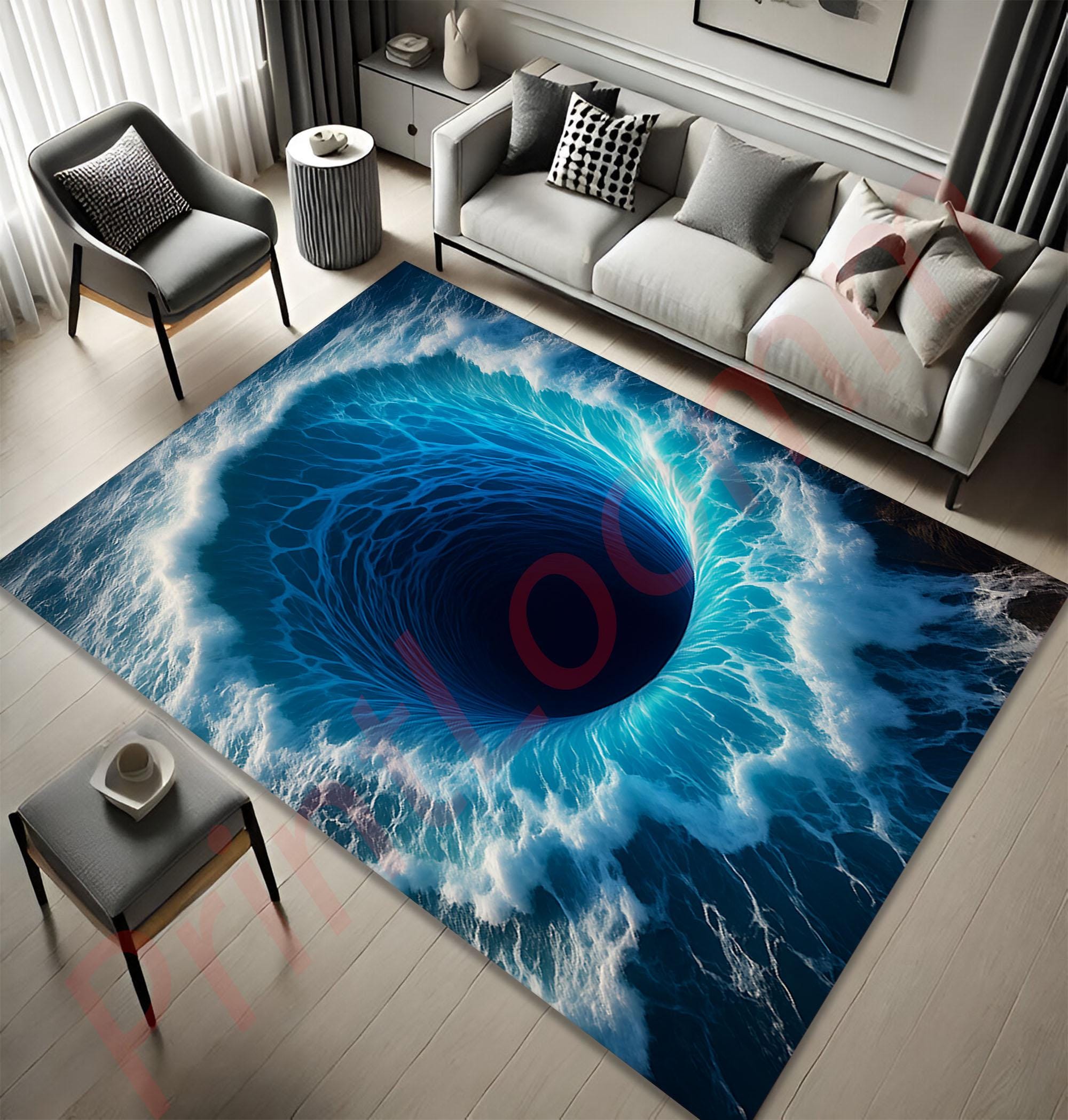 Water Print Rug 3D Ocean Whirlpool Rug Blue Water Illusion Carpet, Unique Sea Wave Area ...